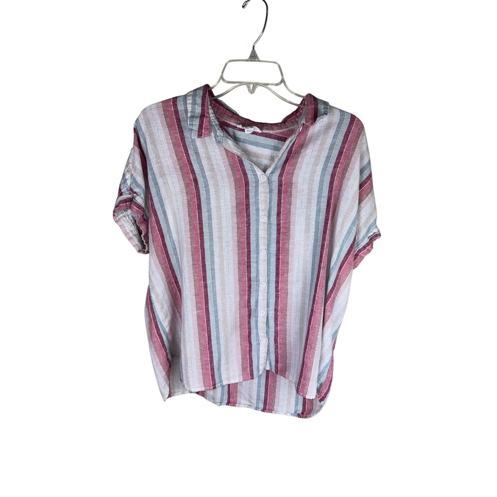 Beachlunchlounge Striped Linen Blend Button Down Shirt Pink Blue XL Metallic